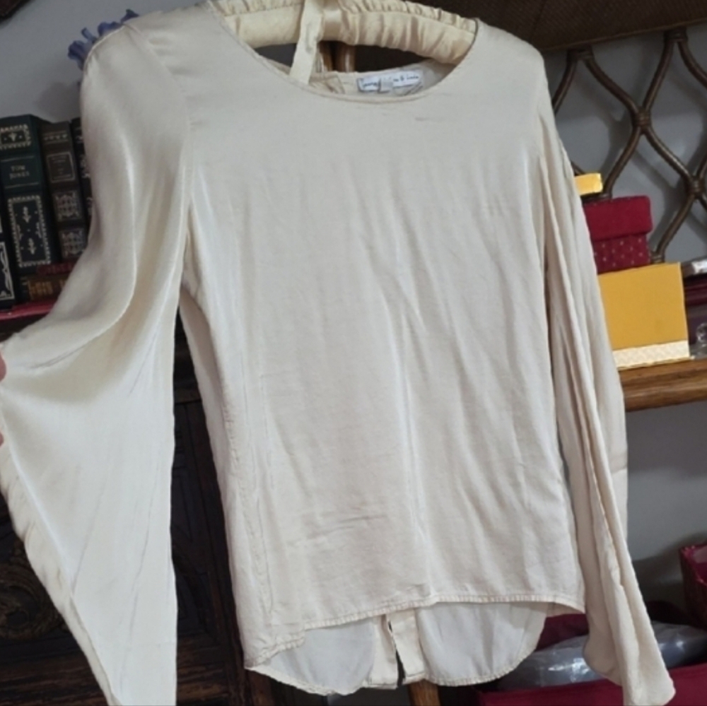 $150 YFB Elegant Viscise Rayon Flare Belle Sleeve Ivory Cream Women's Blouse Top